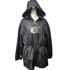 Great White Bear Black Genuine Leather Hooded Parka Jacket Womens XL Cozy Lined